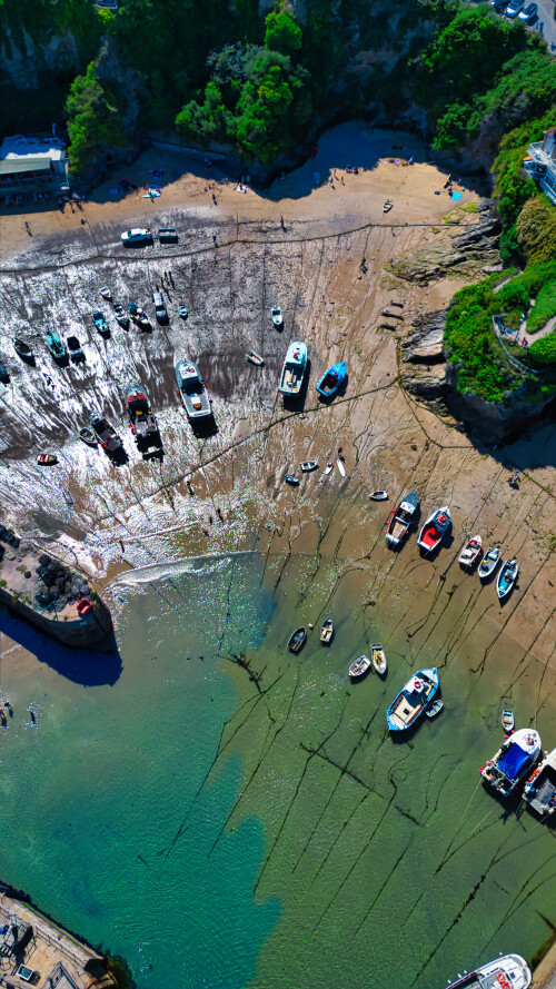 Aerial view of a beach with boats anchored at low tide. The sandy shore is visible with patterns created by the receding water, and several boats are scattered across the water and sand. Lush greenery surrounds the area, adding to the scenic beauty.