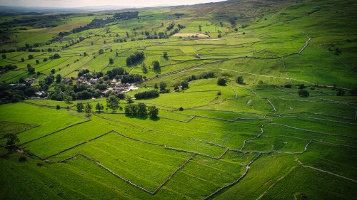 Aerial view of the small village and farm land in Yorkshire