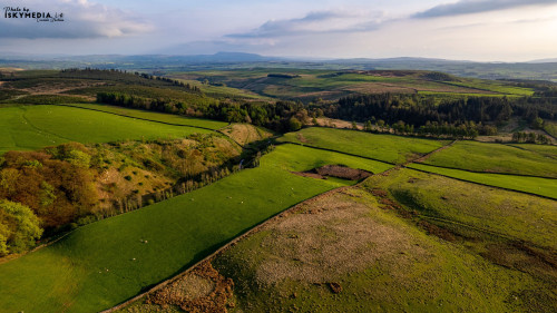 Aerial view of lush green countryside with patchwork fields and trees under a cloudy sky.