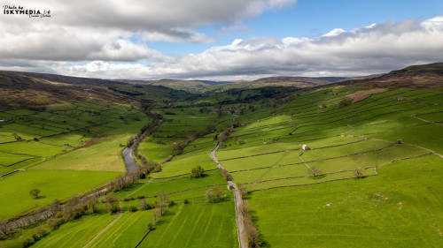 Aerial view of the countryside road and hills in Yorkshire