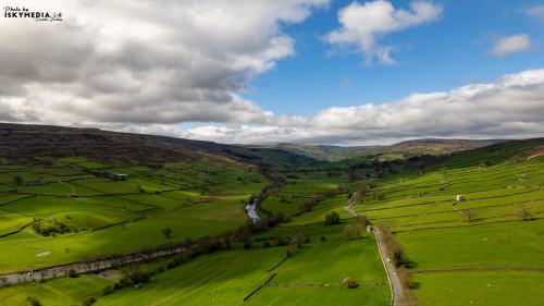 Aerial view of the countryside road and hills in Yorkshire