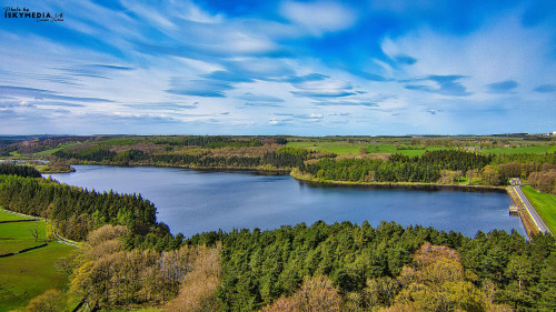 Aerial view of a serene lake surrounded by lush green forests under a vibrant blue sky with scattered clouds.