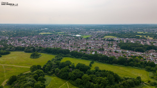 Aerial view of a lush green landscape with urban cityscape in the distance under a hazy sky in London.